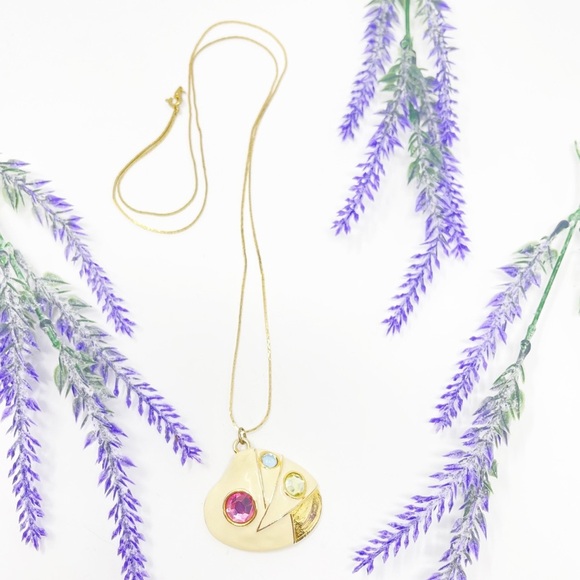 Vintage 80s Retro Enamel Rhinestone Shell Gold Tone Pendant Necklace - Picture 1 of 6